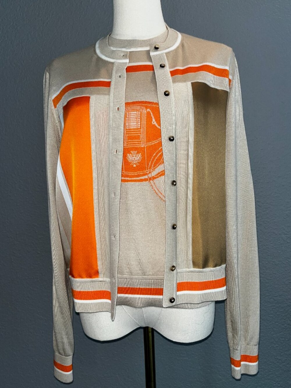 Hermes Twillaine Ex-Libris Silk Cashmere Twin Set Cardigan & Short Sleeve Top 38